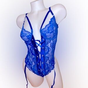 Blue Lace-Up Lingerie Set - Front Floral Teddy Bodysuit with V-Neck Mesh